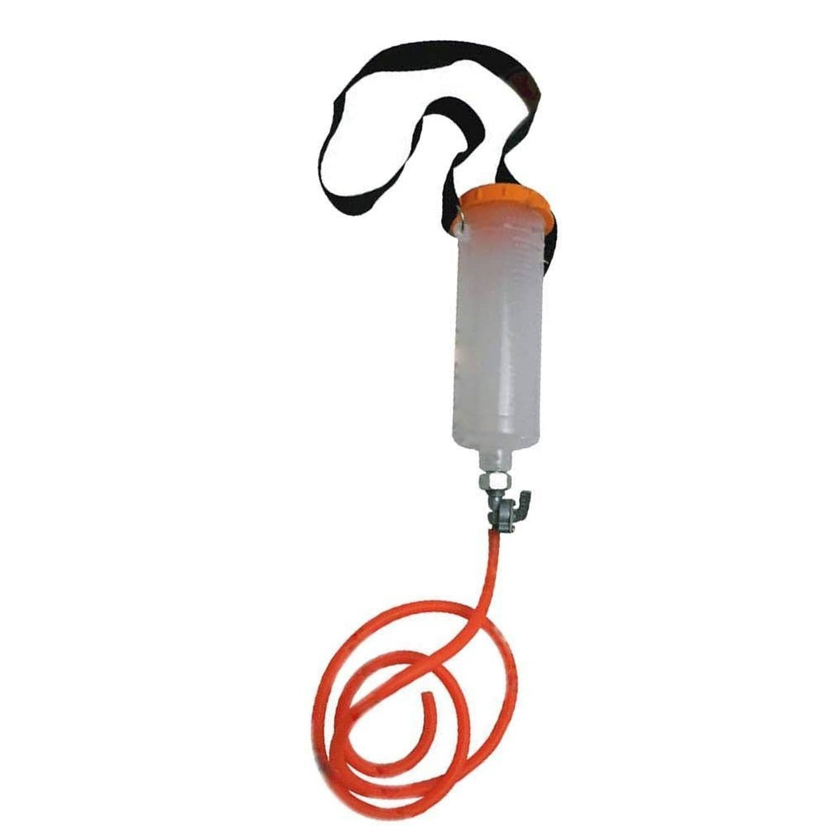 Fuel transfer tool with clear bottle and orange hose loop plus clamp fittings
