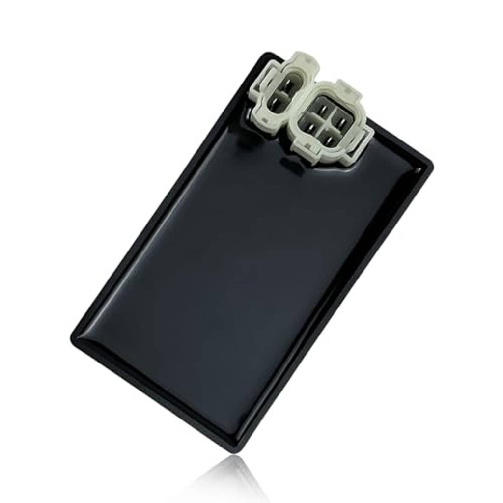 Black CDI module box with two white connector plugs on top edge