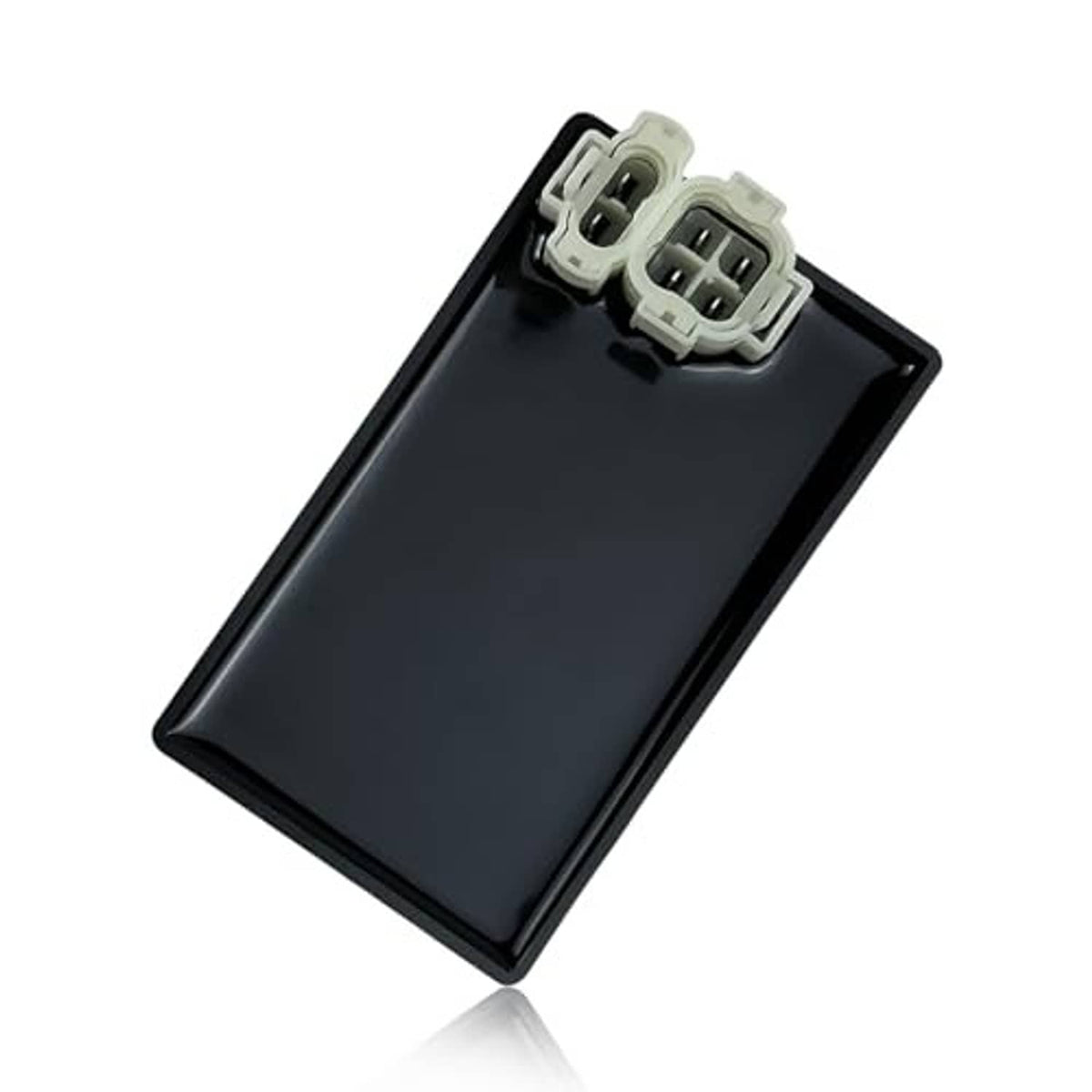 Black CDI module box with two white connector plugs on top edge