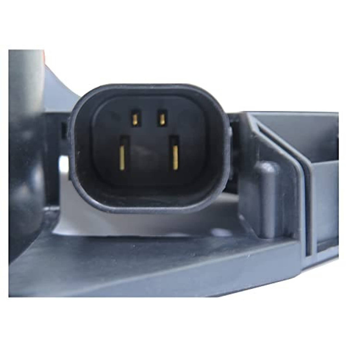 Black cooling fan electrical connector with four-pin plug on mounting bracket