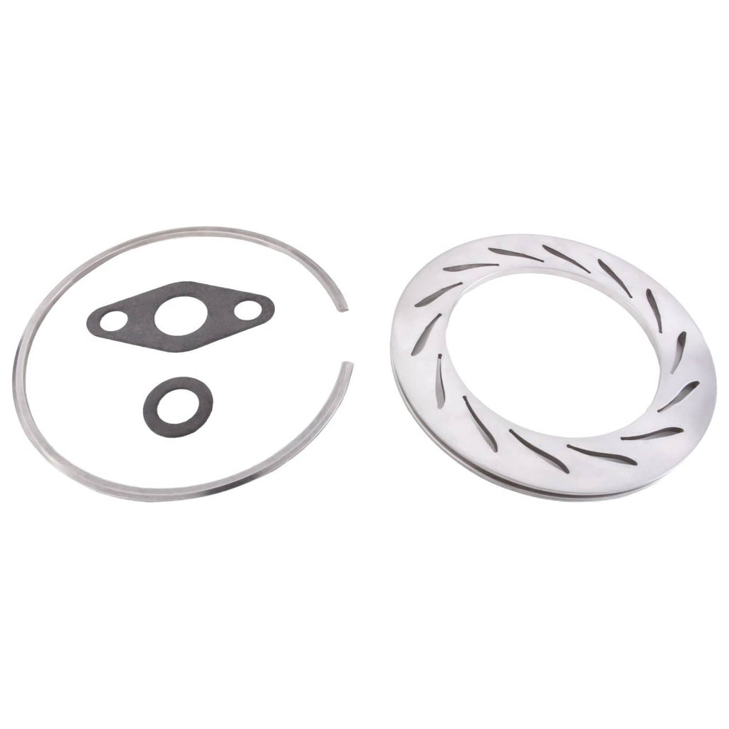 Turbo cartridge gasket and seal set with O-rings and shaped metal gasket.