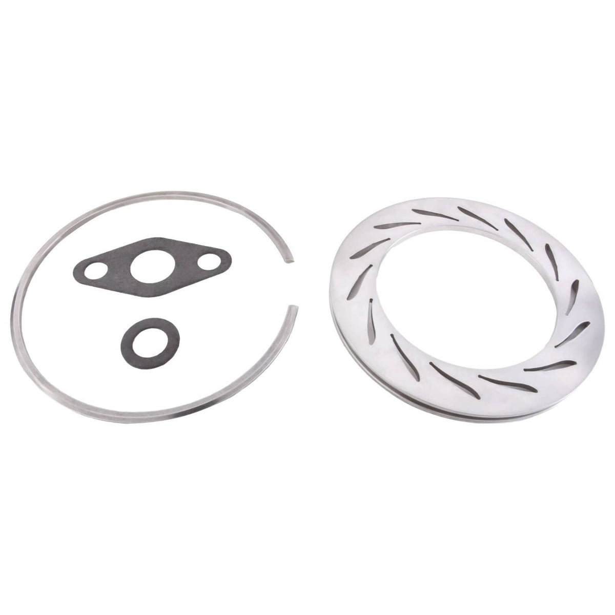 Turbo cartridge gasket and seal set with O-rings and shaped metal gasket.