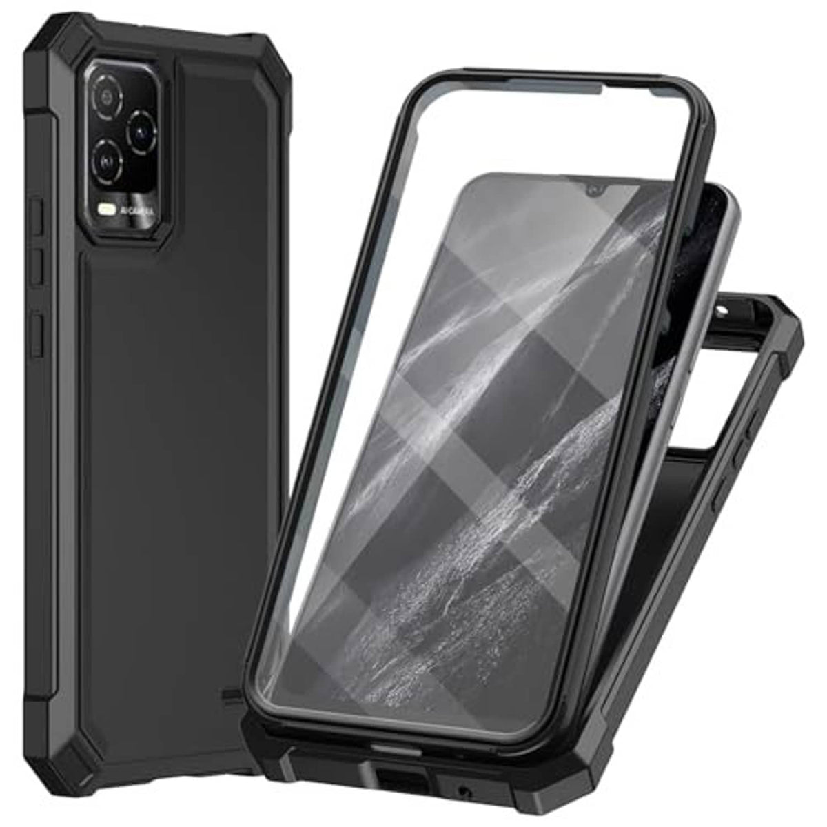 Rugged black phone case with clear screen protector and dual-position stand-style support