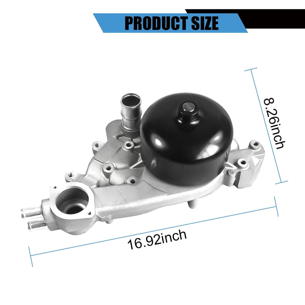 Water pump assembly with black cap and silver housing with labeled dimensions