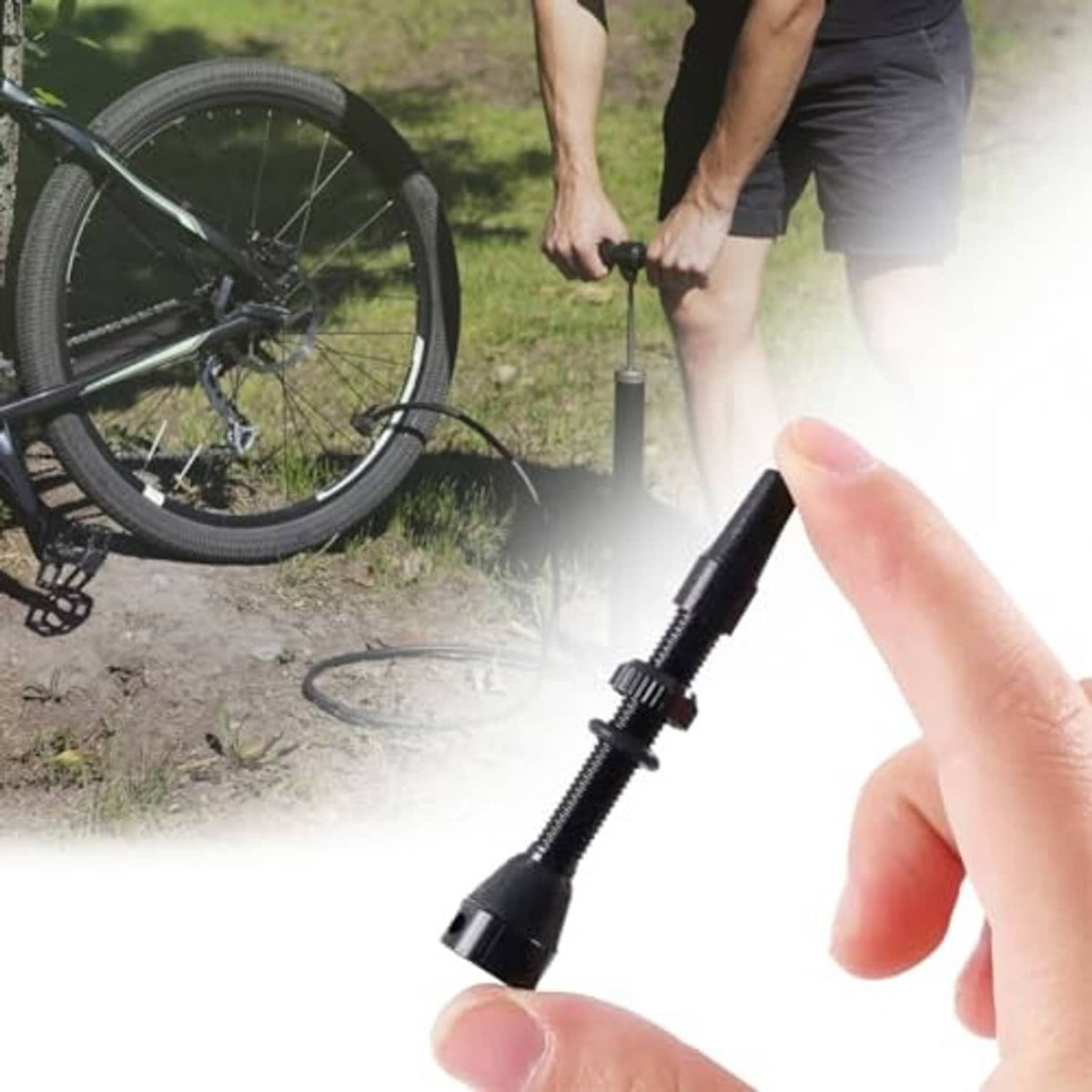 Hand inflating a bicycle tire using a black Presta valve stem with brass core