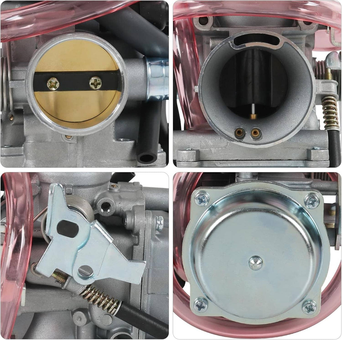 Carburetor close-up details: brass throttle plate, intake opening, and metal mounting