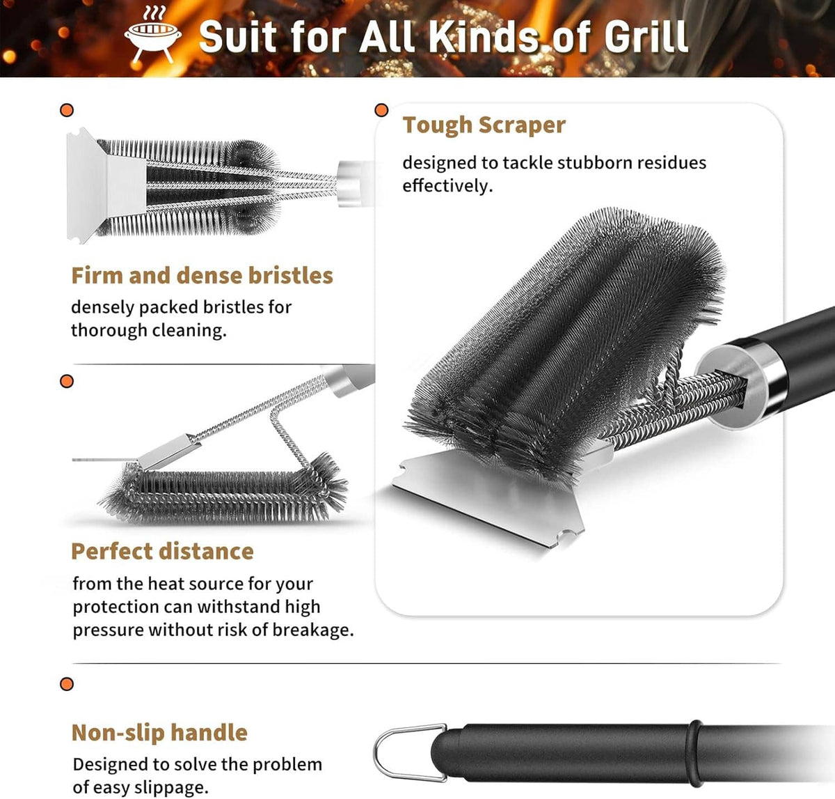 BBQ grill brush with dense bristles, tough scraper, and non-slip handle shown