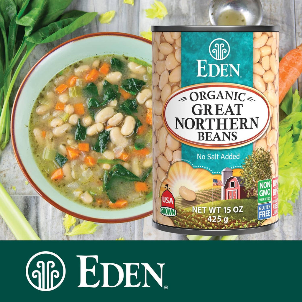 Eden organic great northern beans can beside bowl of white bean soup