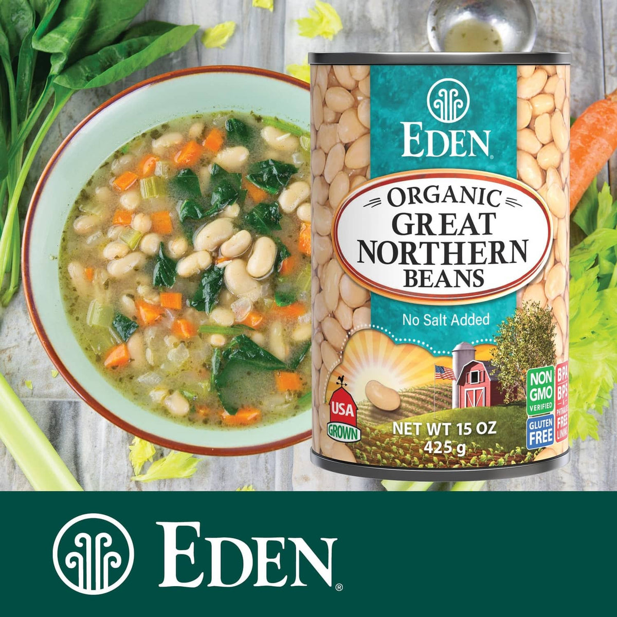 Eden organic great northern beans can beside bowl of white bean soup