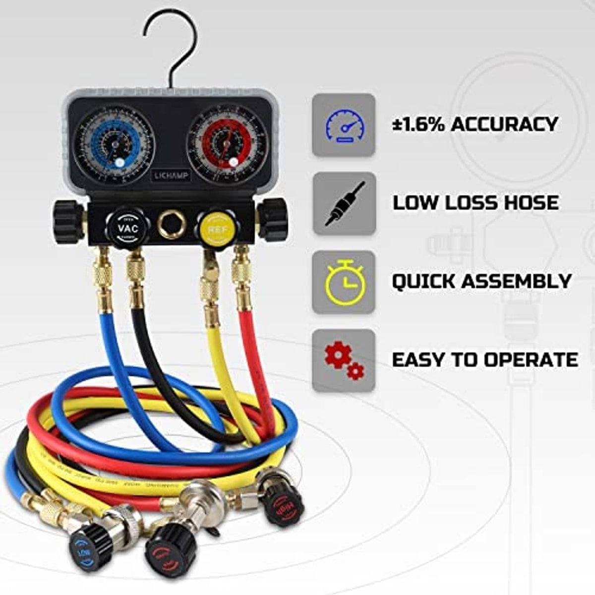 Manifold gauge set with two gauges and multi-color hoses with brass coupler ends