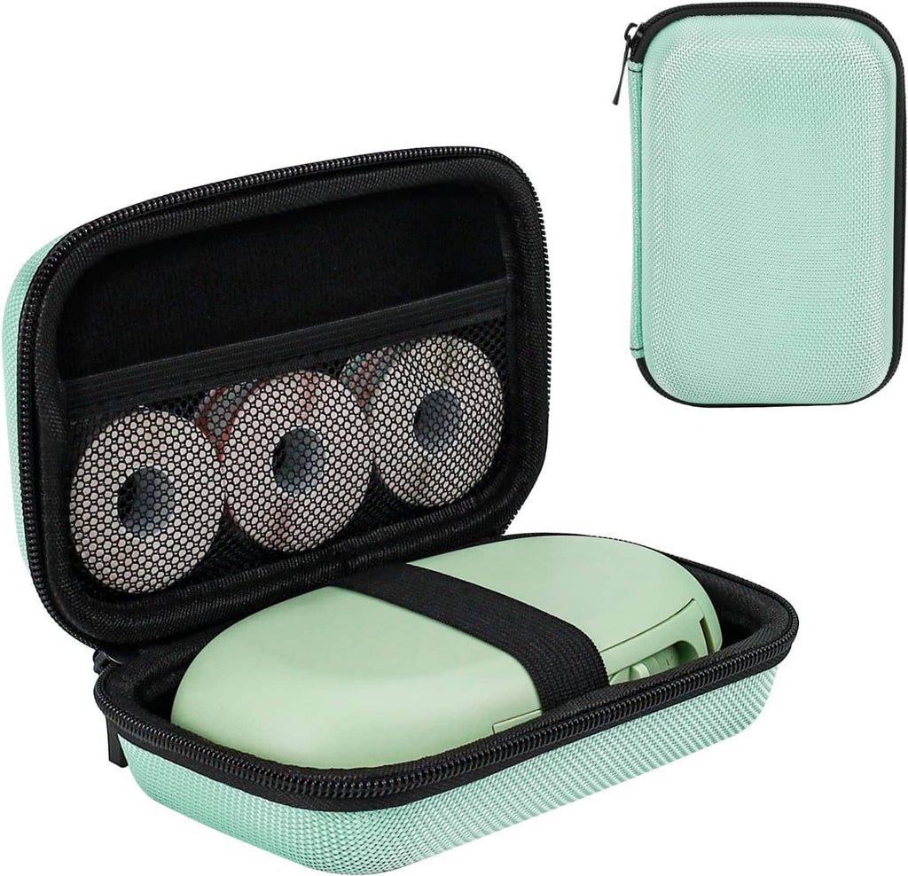 Mint green hard travel case with zipper, closed upright design with protective shell.