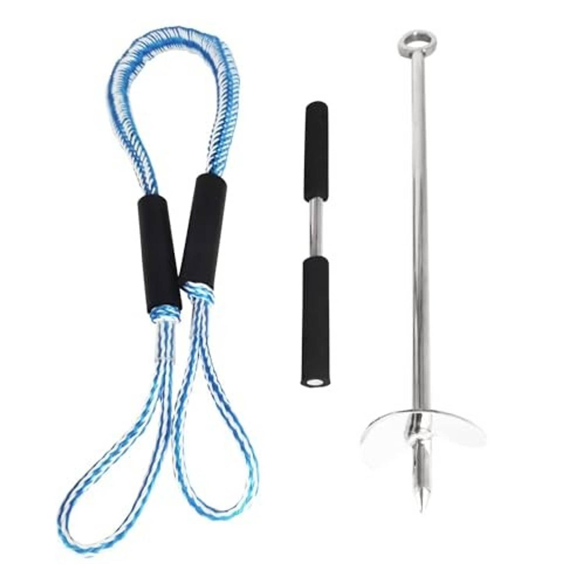 Sand anchor kit components: blue rope, black grips, stainless auger, and stake