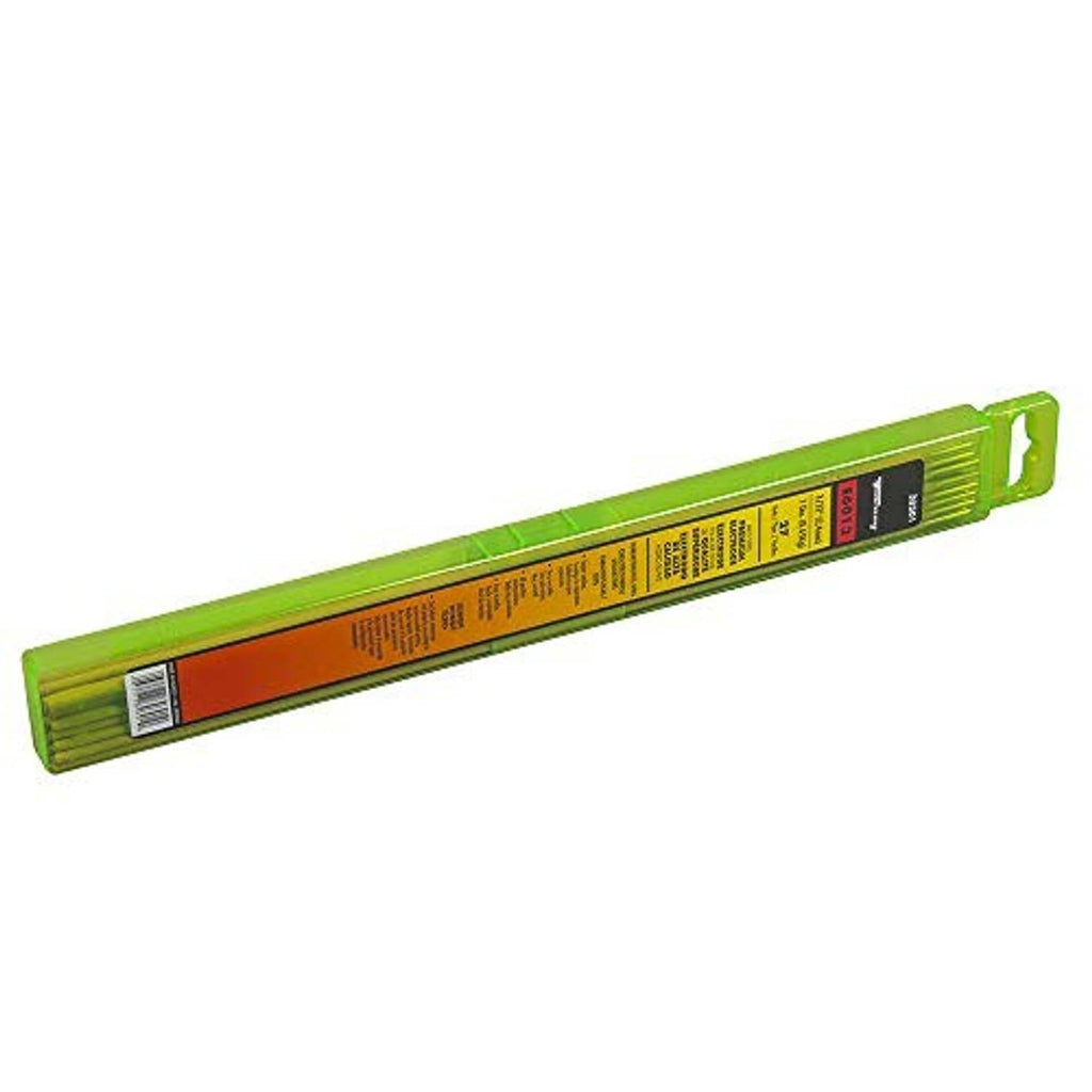 E6013 welding electrode rods on green pack end view with barcode