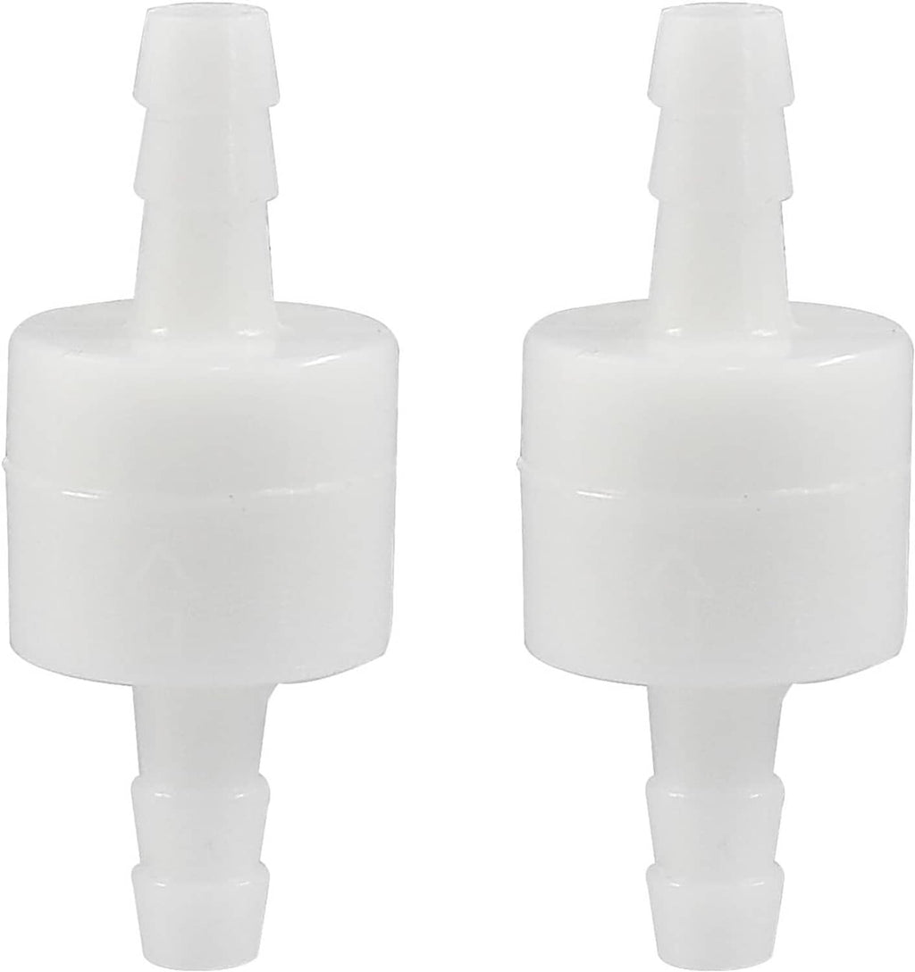 Pair of 1/4 in one-way inline check valves, white PVDF plastic, non-return ports