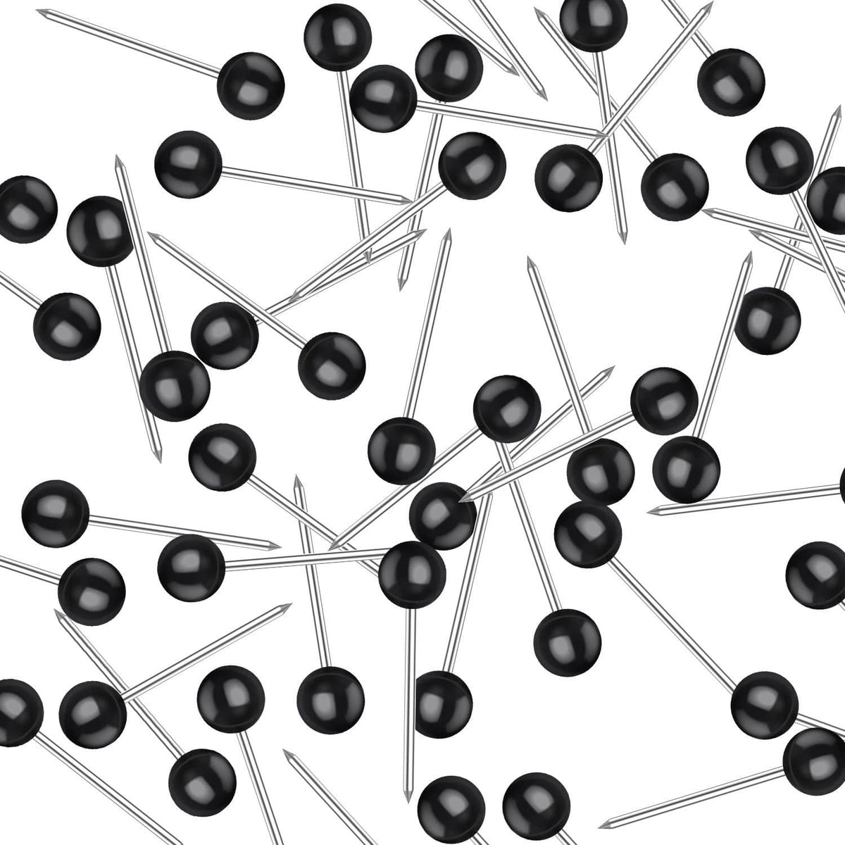 Scattered black push pins with round heads and silver metal needles.