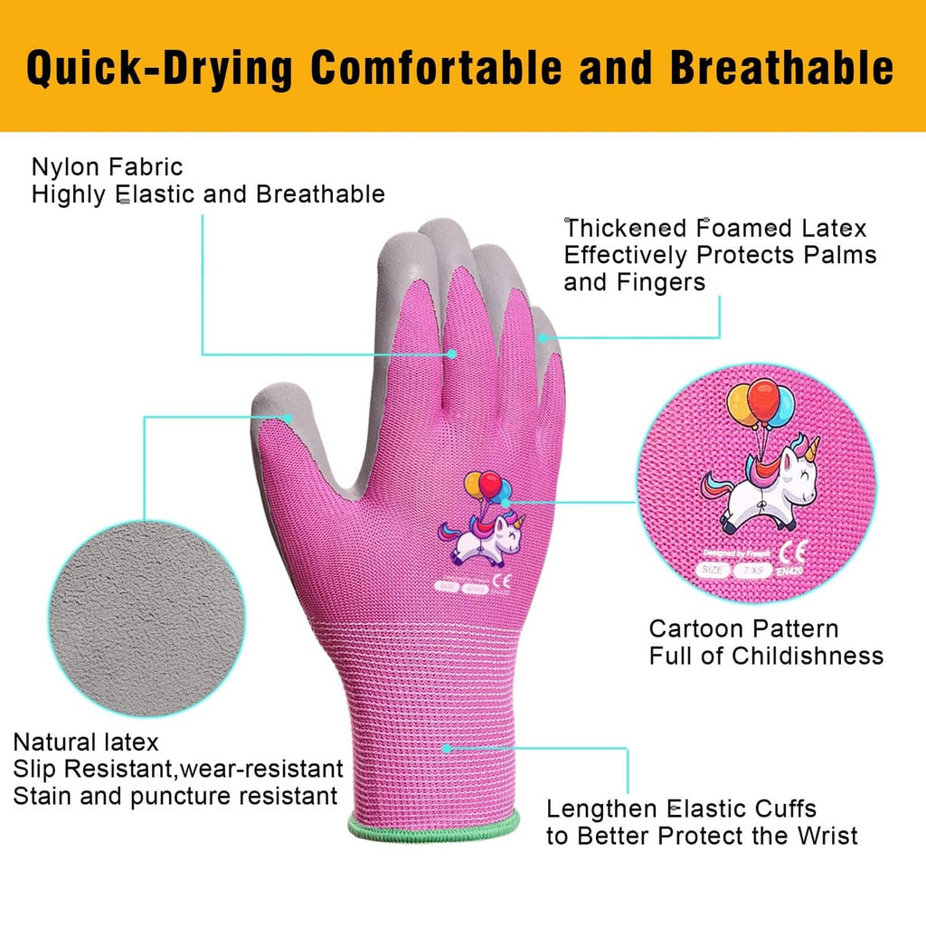 Kids gardening gloves, pink knit with cartoon graphic and elastic cuff