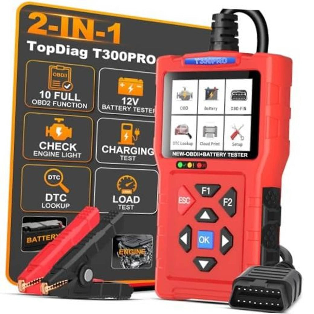 Front view of red TopDiag T300Pro car code reader with display, buttons, and cable