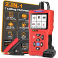 Front view of red TopDiag T300Pro car code reader with display, buttons, and cable