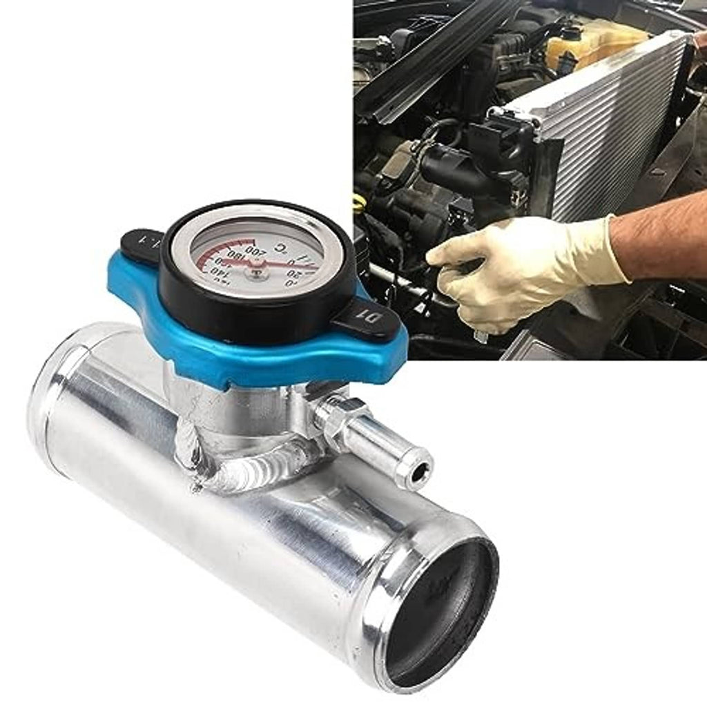 Radiator coolant filler neck with blue dial gauge on chrome pipe in engine bay