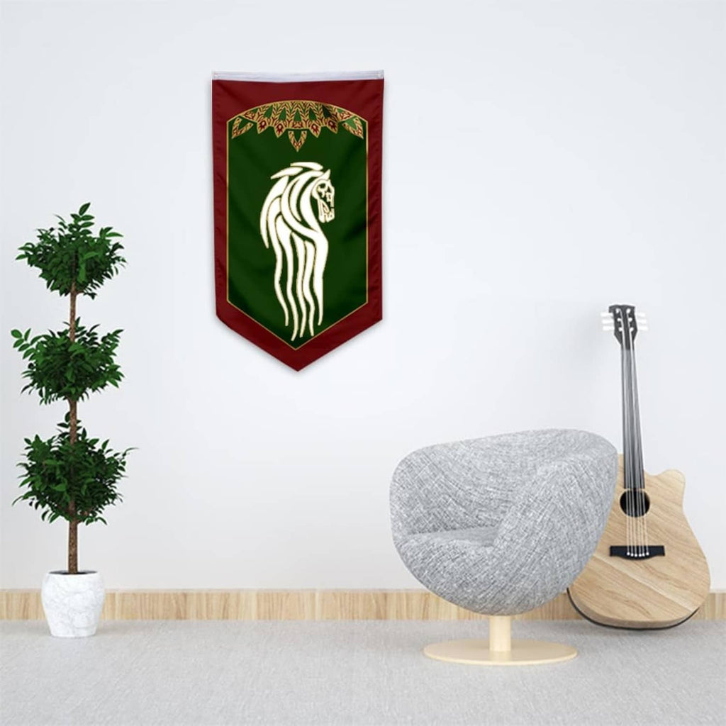 Swallowtail pennant banner hanging, green with white horse emblem and maroon edge