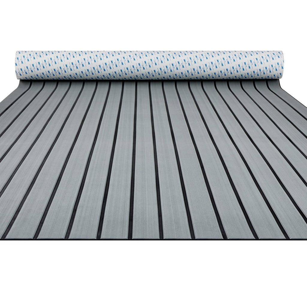 EVA foam boat deck flooring sheet with gray grooved plank design and raised edge