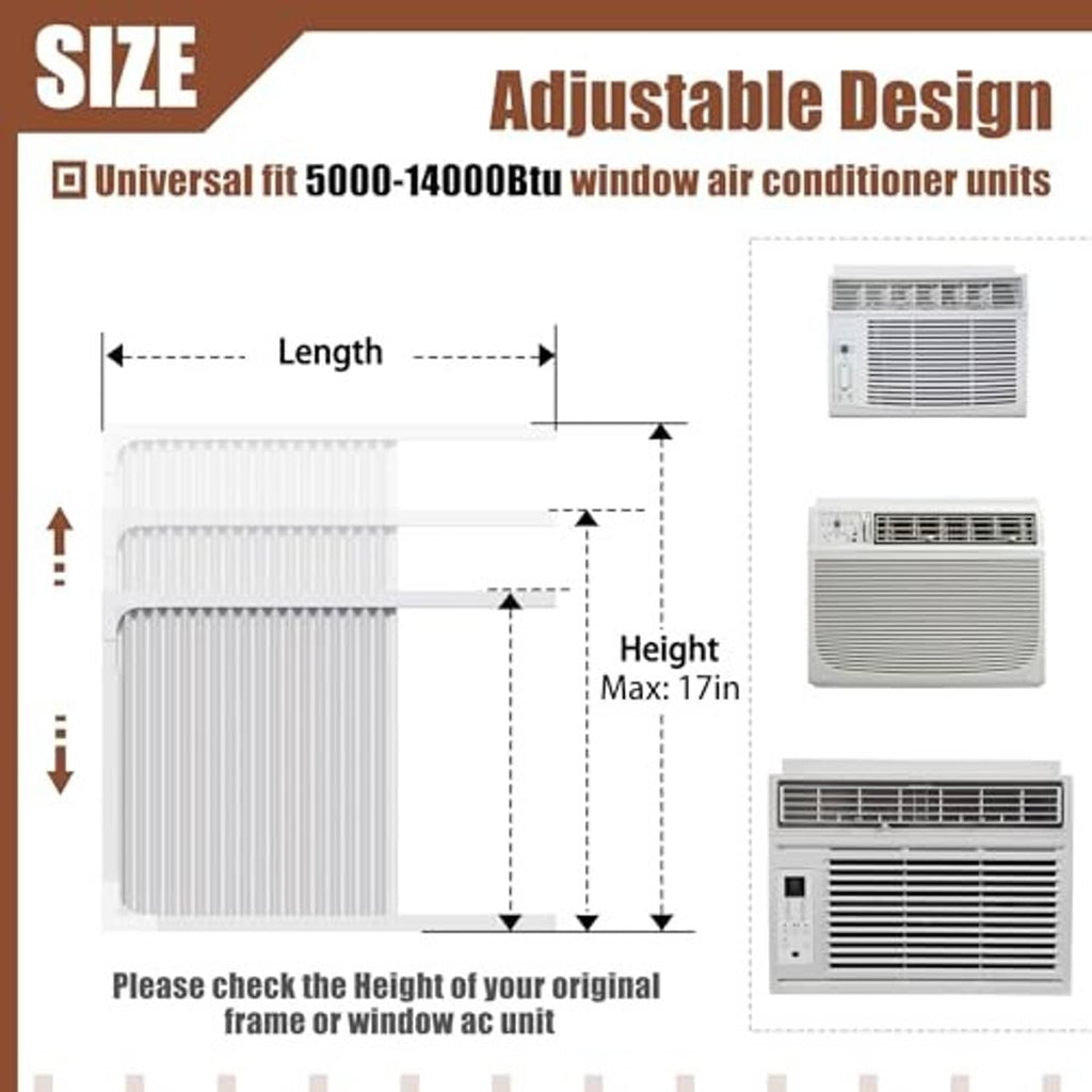 Window AC side panel sizing chart with adjustable height up to 17 in