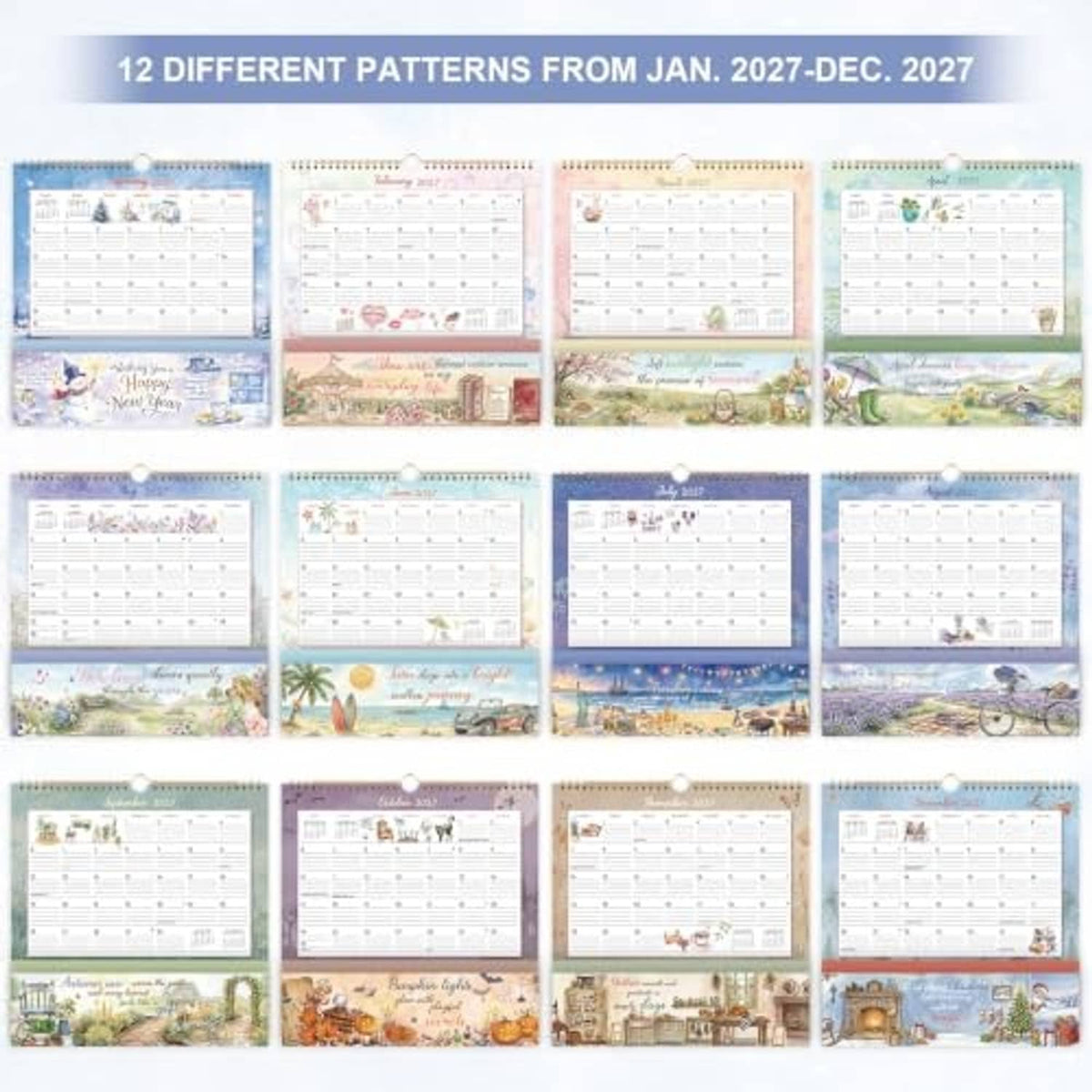 Set of 12 wall calendar designs from Jan–Dec 2027, each with monthly grids and pockets
