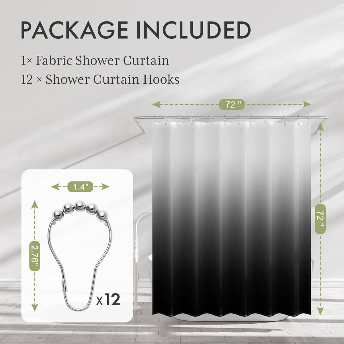 Cloth ombre shower curtain with 12 shower hooks; white-to-black gradient fabric