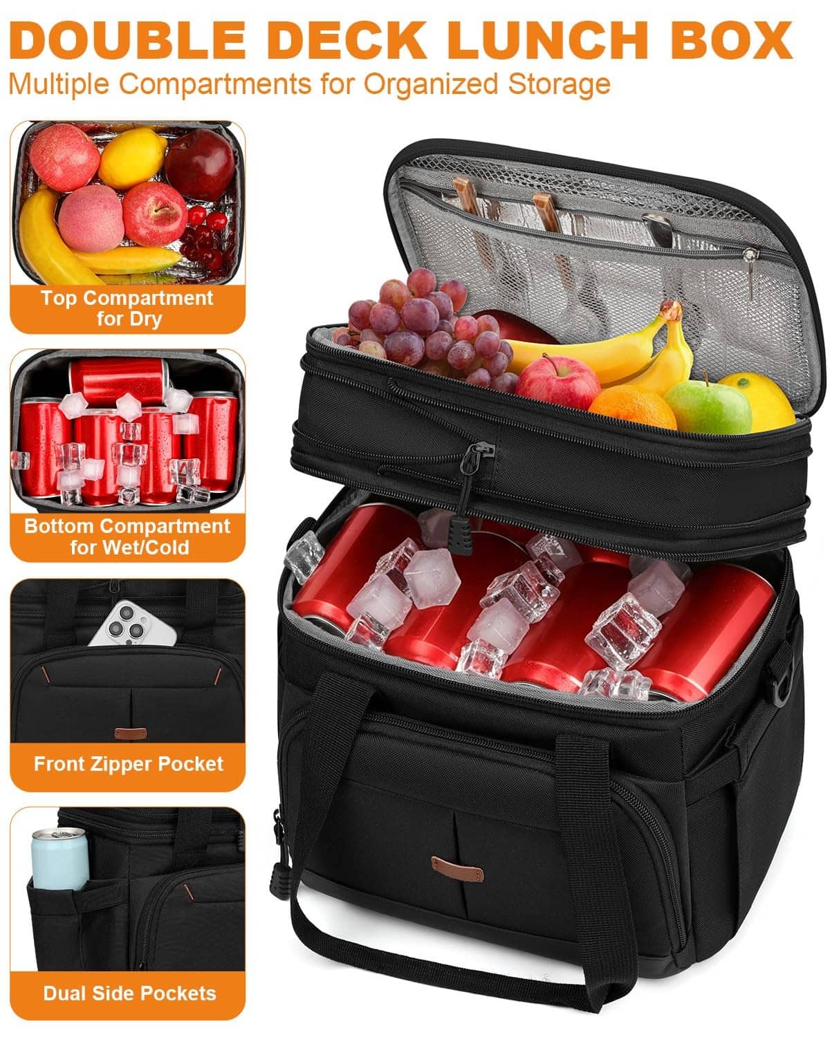 Black double-deck lunch box with front storage pockets and mesh top compartment.