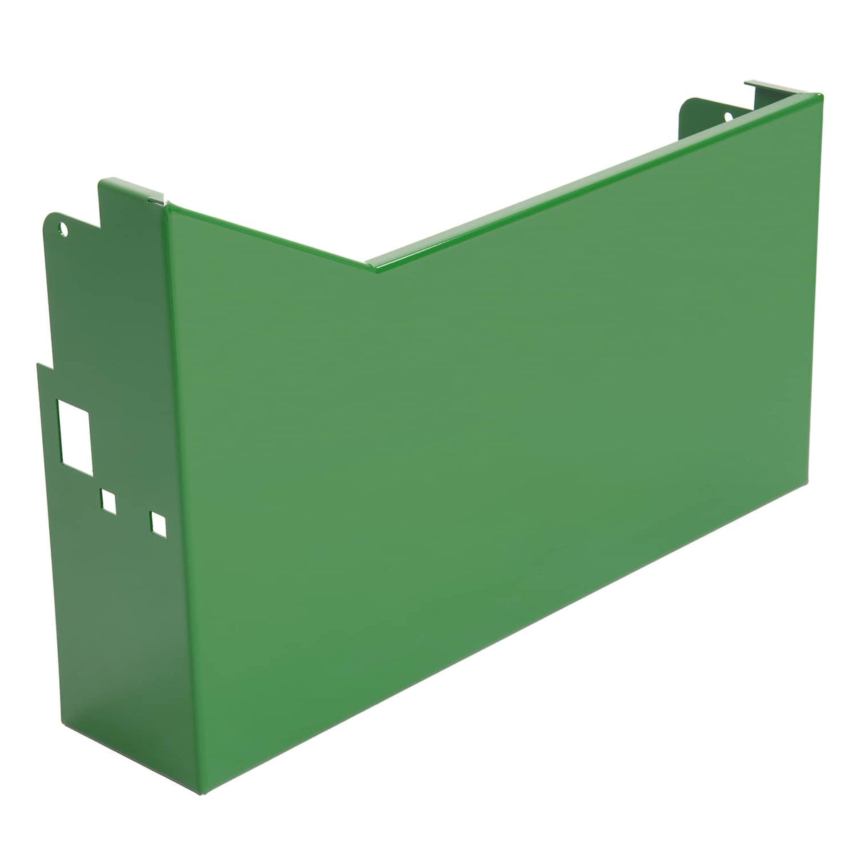 Green left-side battery box with mounting holes and brackets, for tractor use
