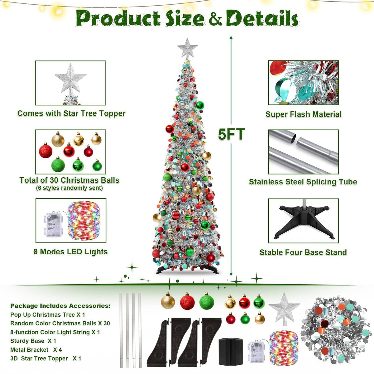 Product details graphic: 5 ft tree, star topper, 30 baubles, LED modes