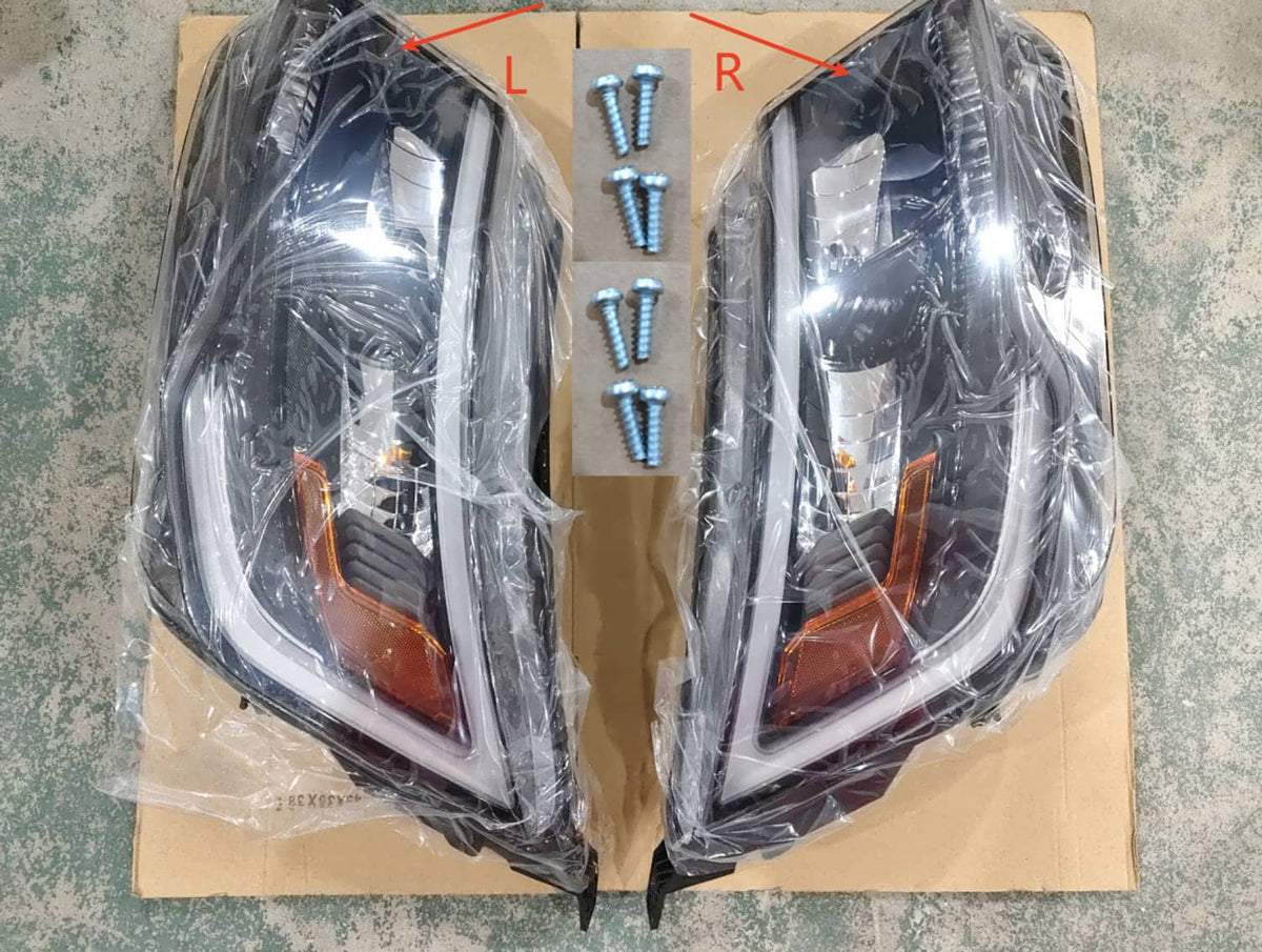 Pair of LED DRL headlight assemblies in protective packaging, marked L and R