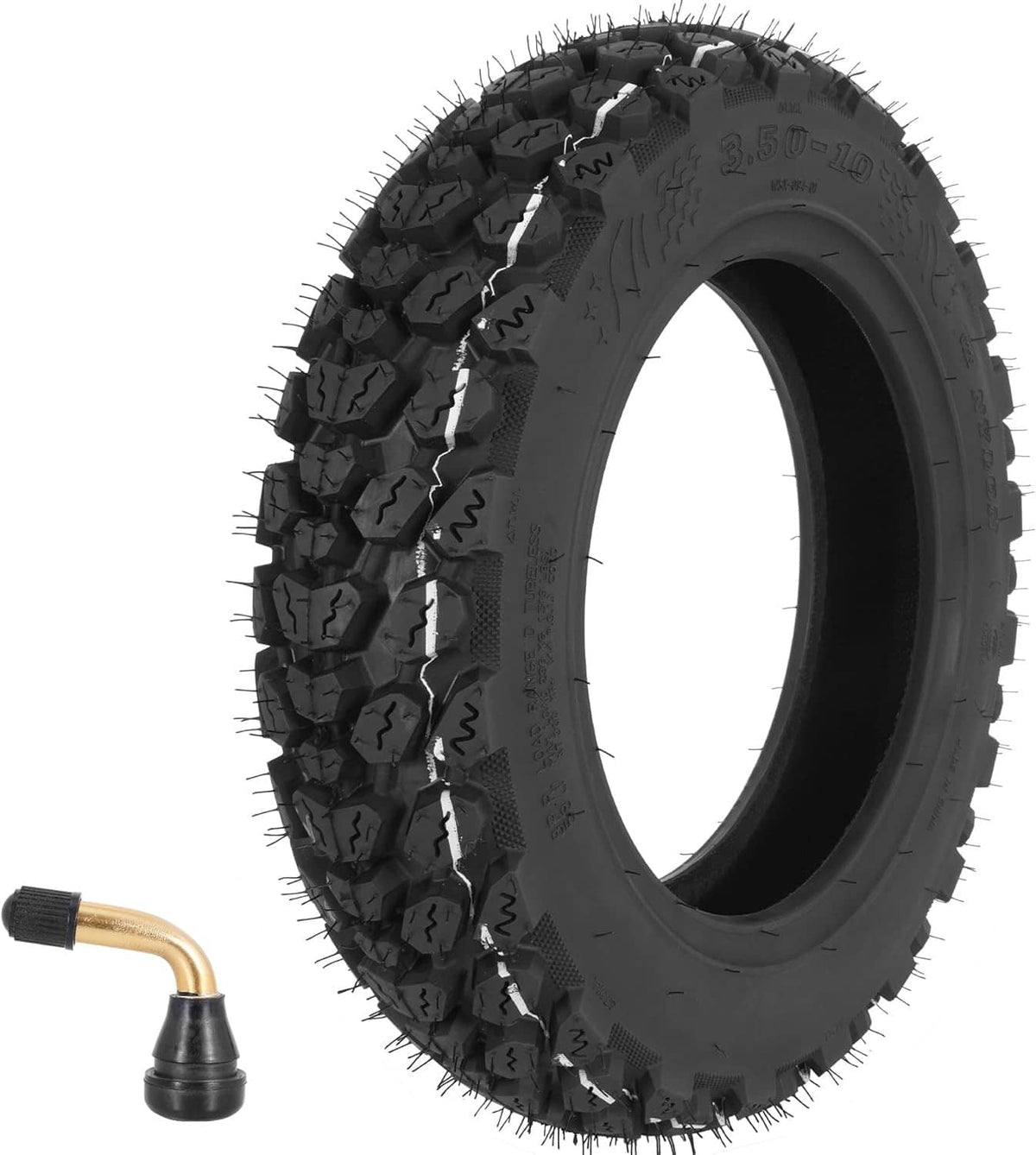 3.50-10 scooter tire with aggressive off-road tread, tubeless design, black