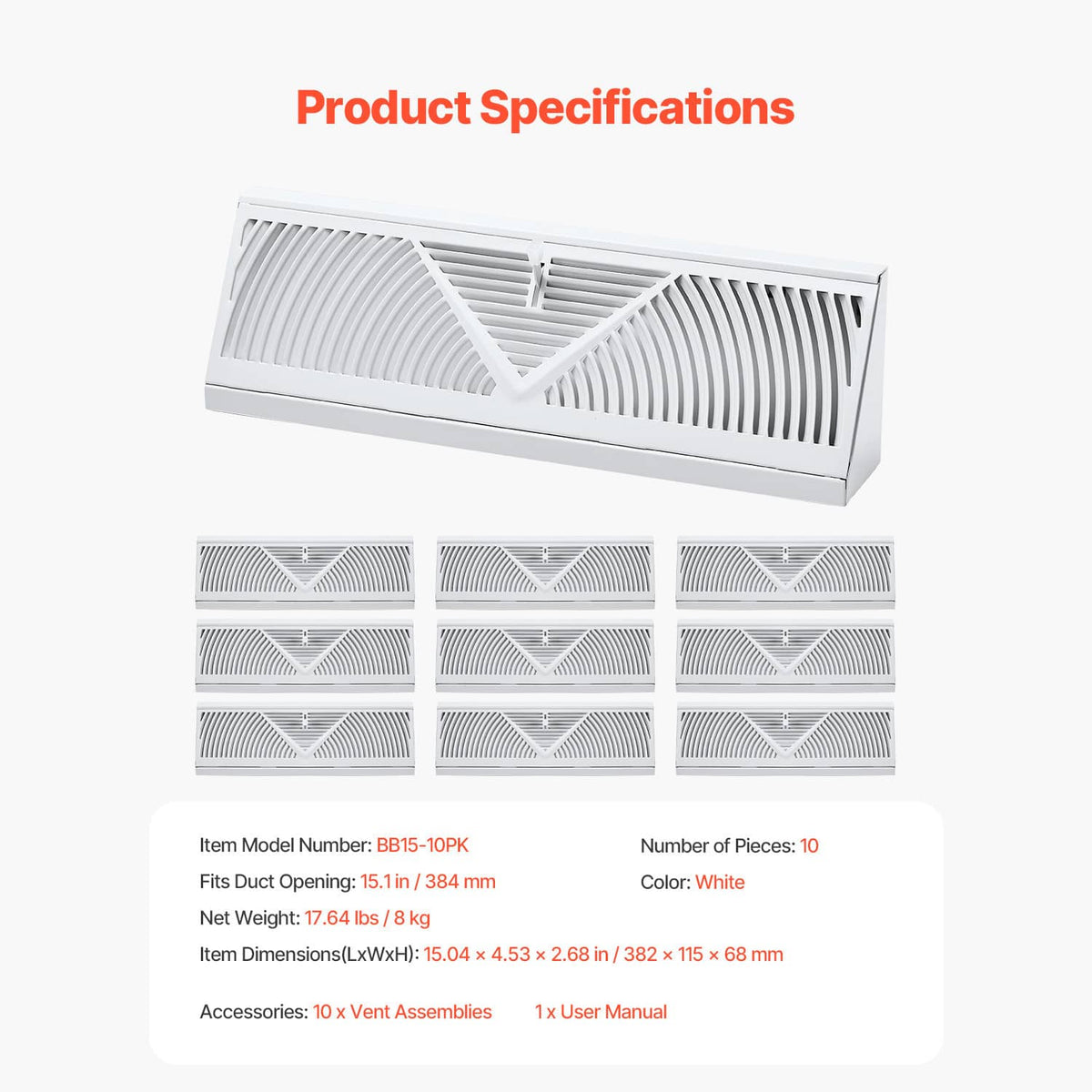 White floor register vent with slatted grille; set of 10 units pictured with specs.