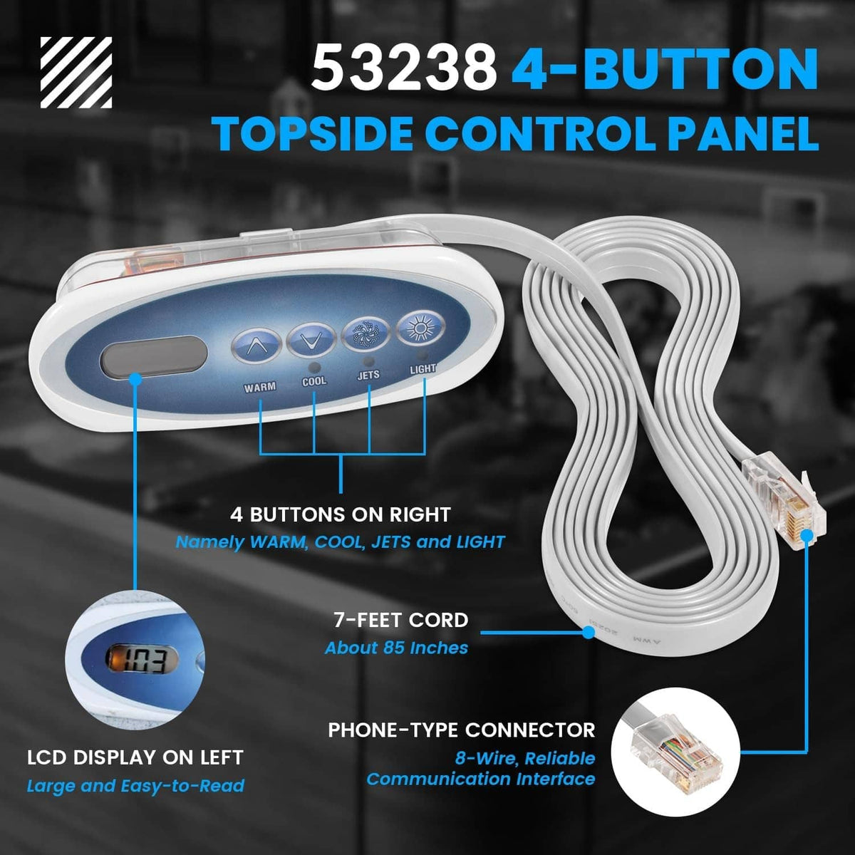 Hot tub topside control panel with 4-button layout, 7-ft cord, and phone-type connector