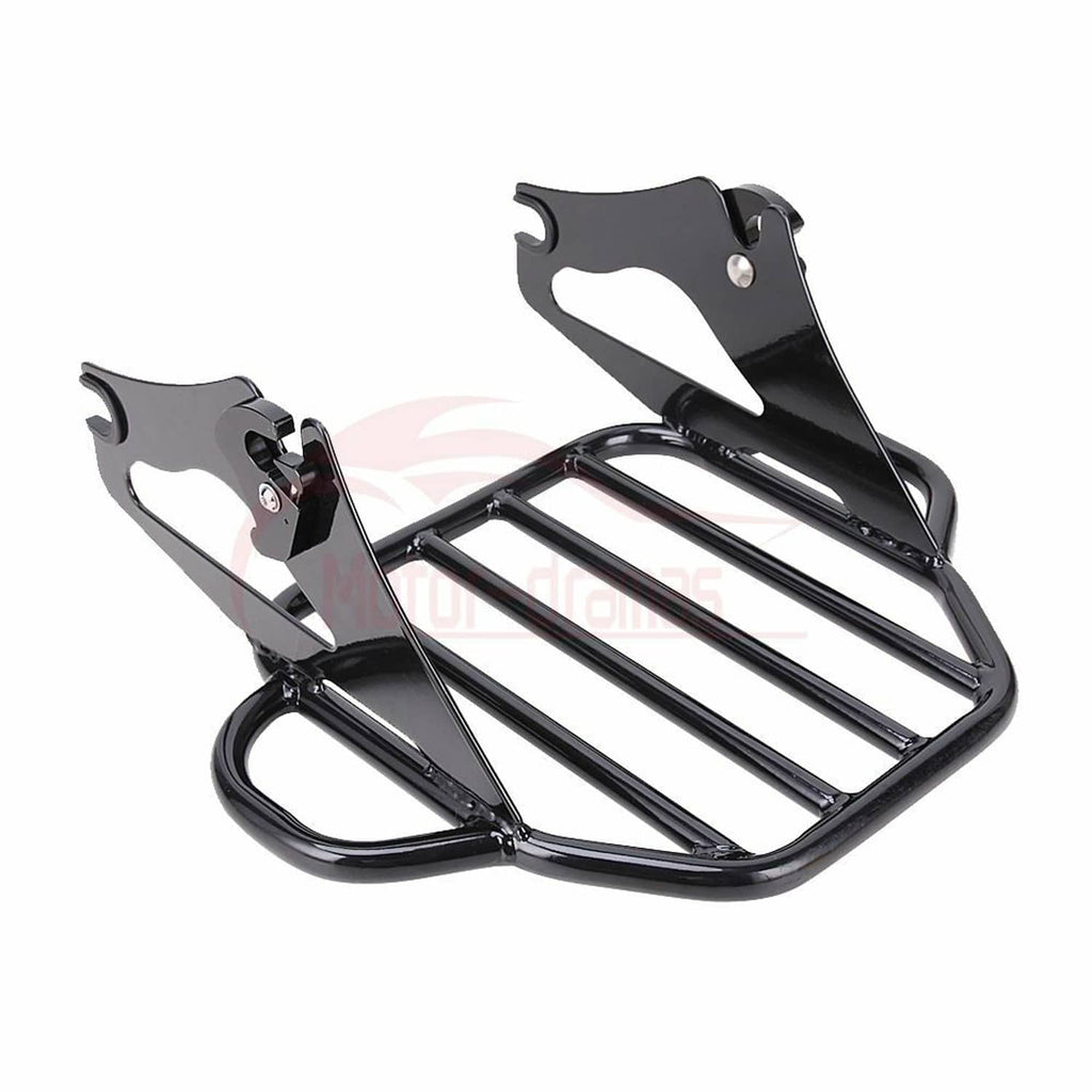 Black luggage rack with sissy bar mounting brackets and metal support bars