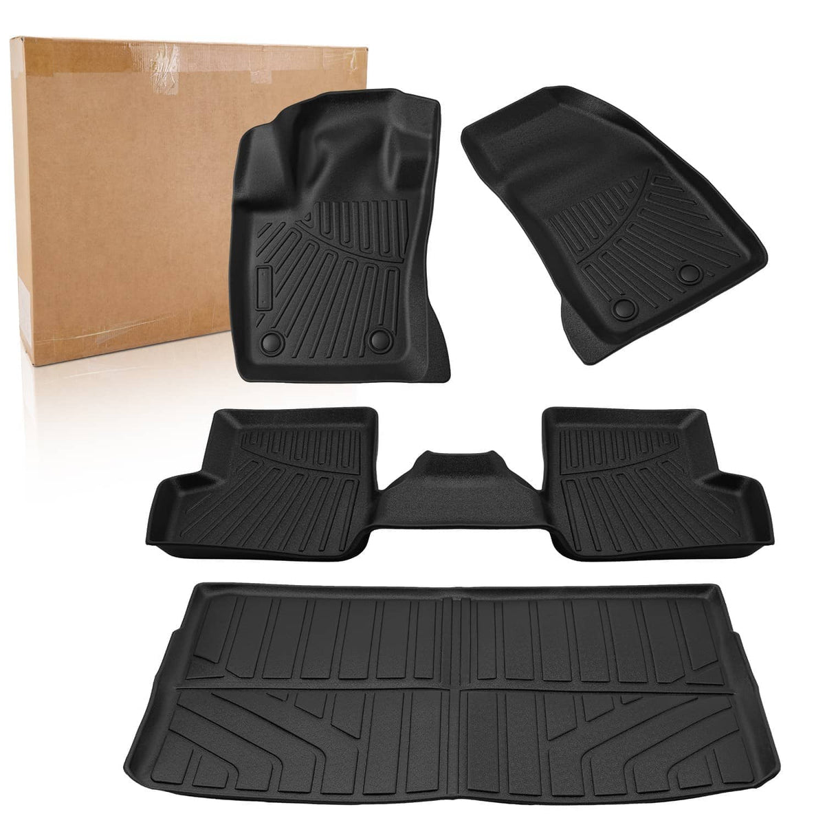 Black TPE floor mat set with front mats, rear mats, and flat cargo liner