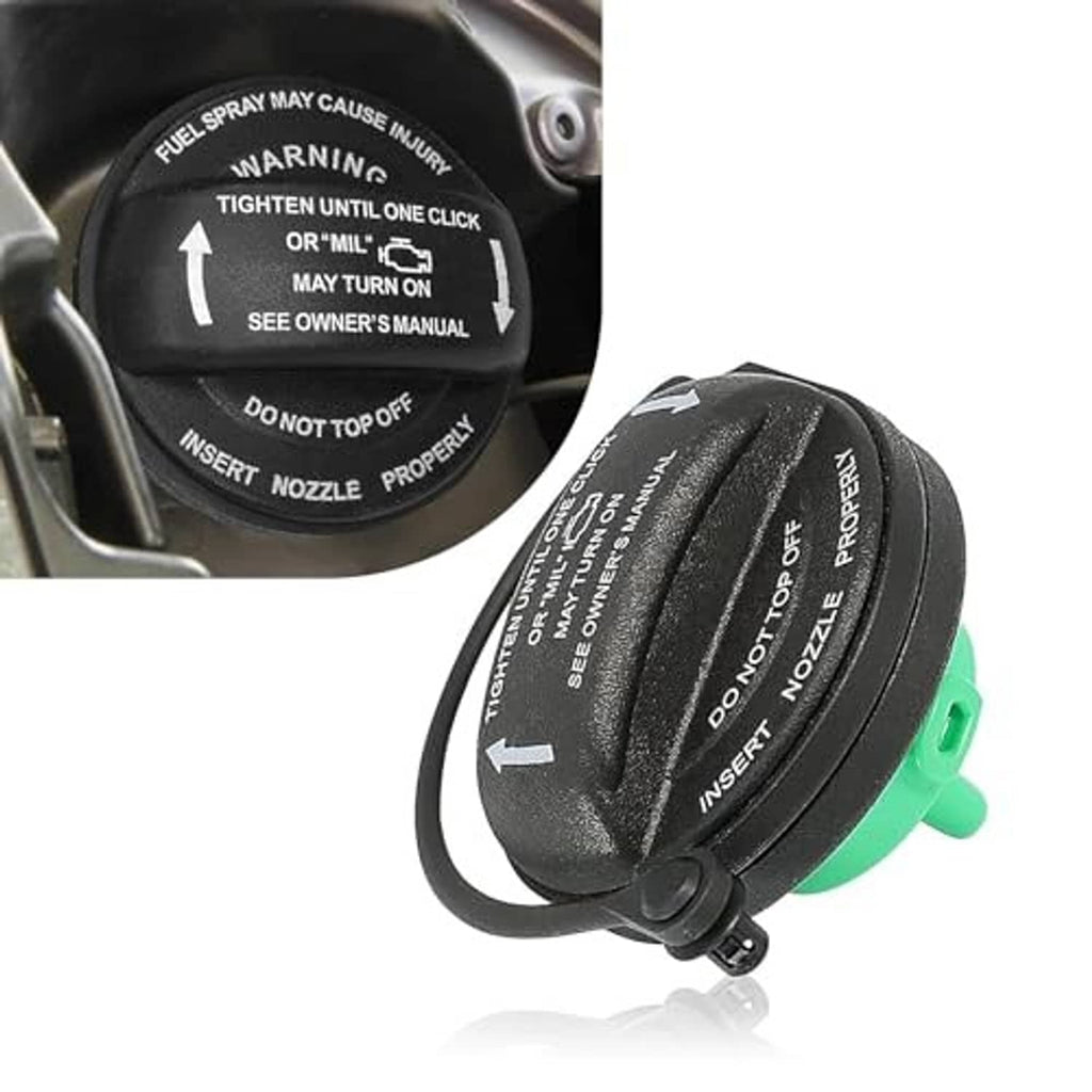 Black fuel filler cap replacement with green sealing insert and side green outlet tab