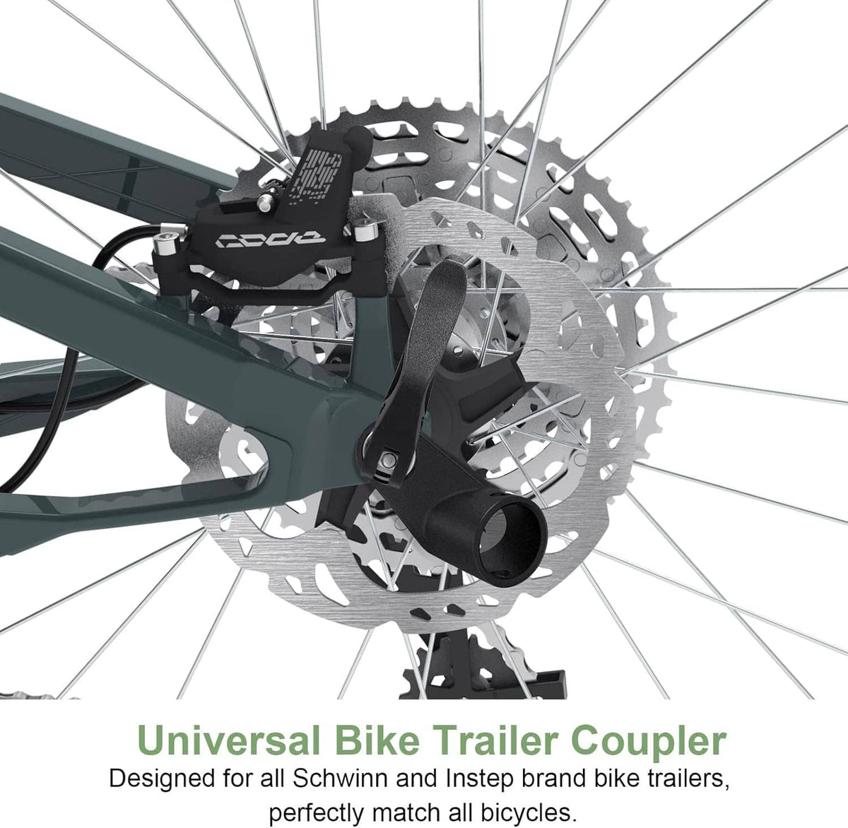 Black bike trailer coupler hitch mounted near rear wheel and disc brake rotor