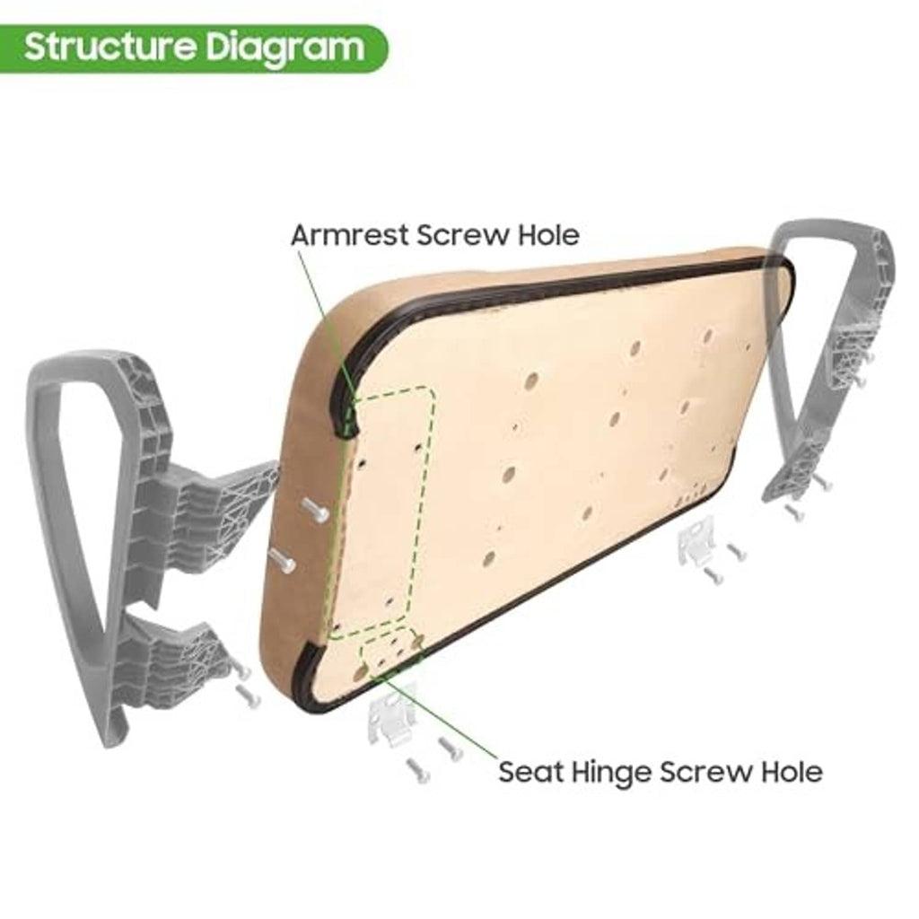 Tan golf cart seat back assembly diagram with armrest and hinge screw holes