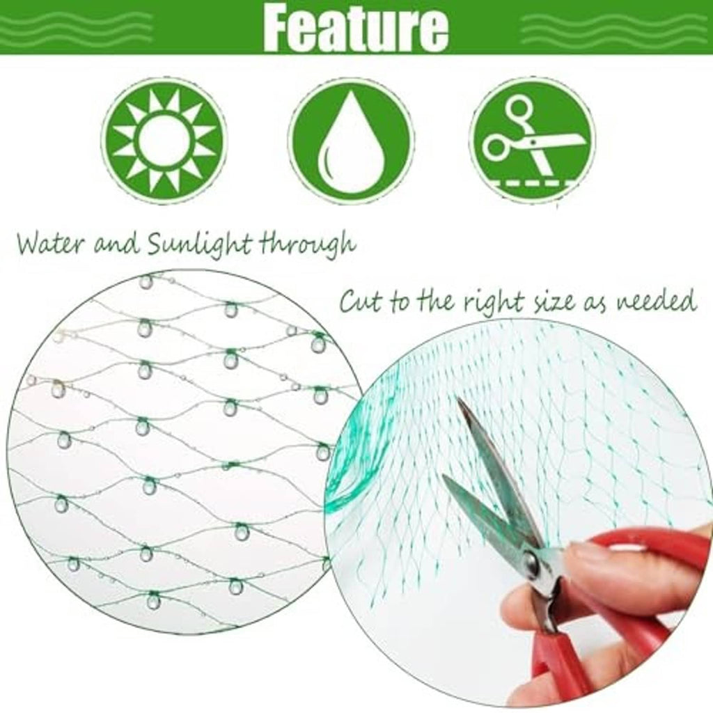 Green bird netting mesh being cut to size with scissors, protective garden net