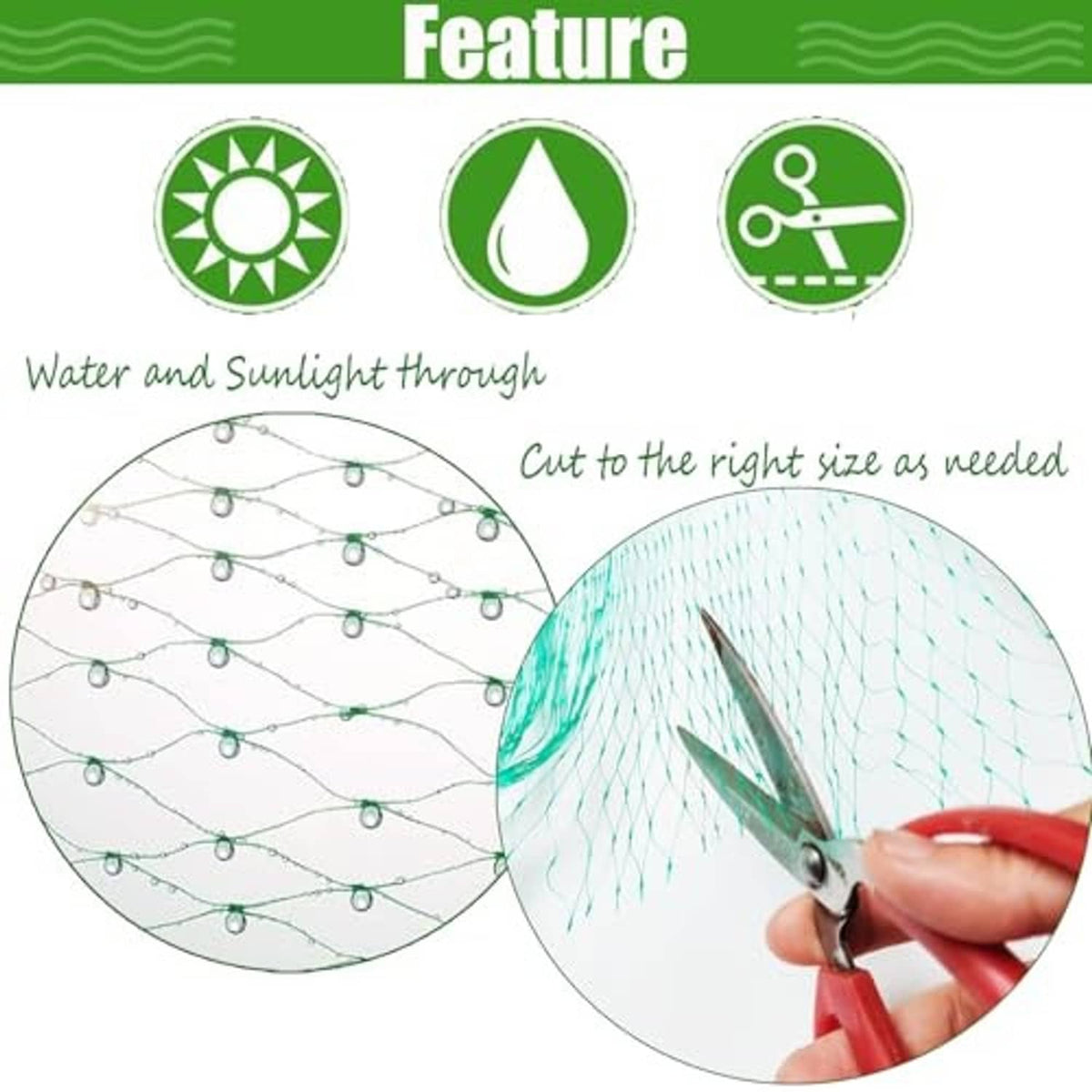 Green bird netting mesh being cut to size with scissors, protective garden net