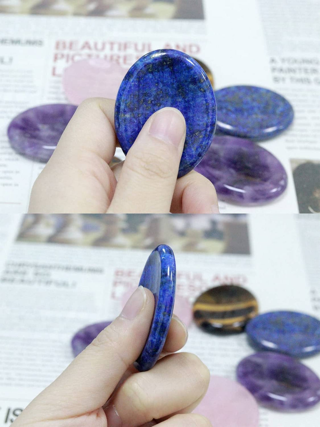 Thumb worry stone: blue lapis lazuli oval held in hand