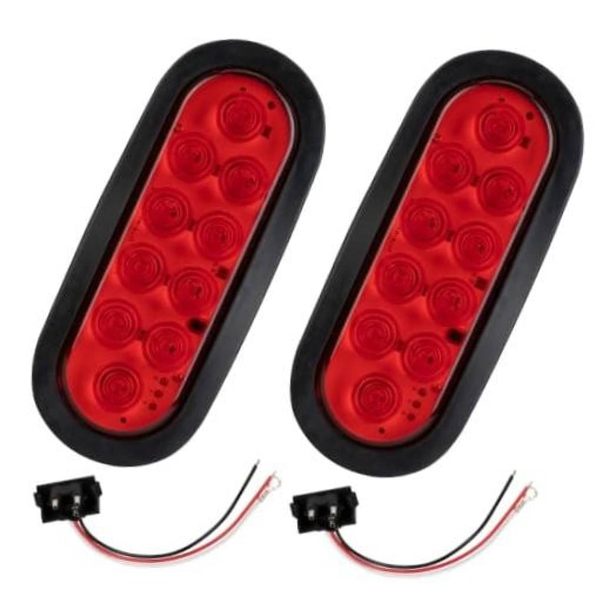 Set of two red oval LED trailer tail lights with black housings and wire leads
