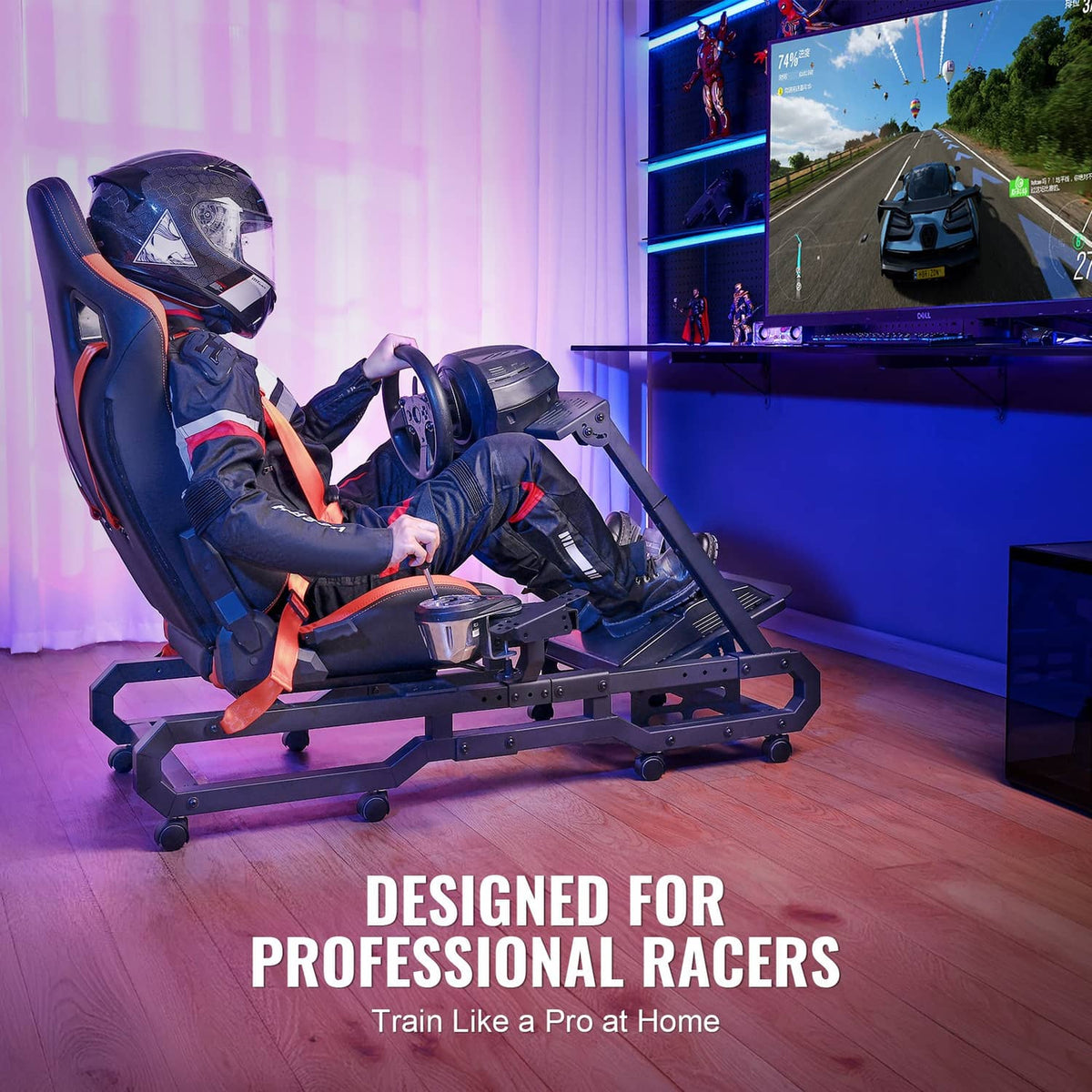 Racing simulator wheel stand with orange-trim seat and base with rolling casters