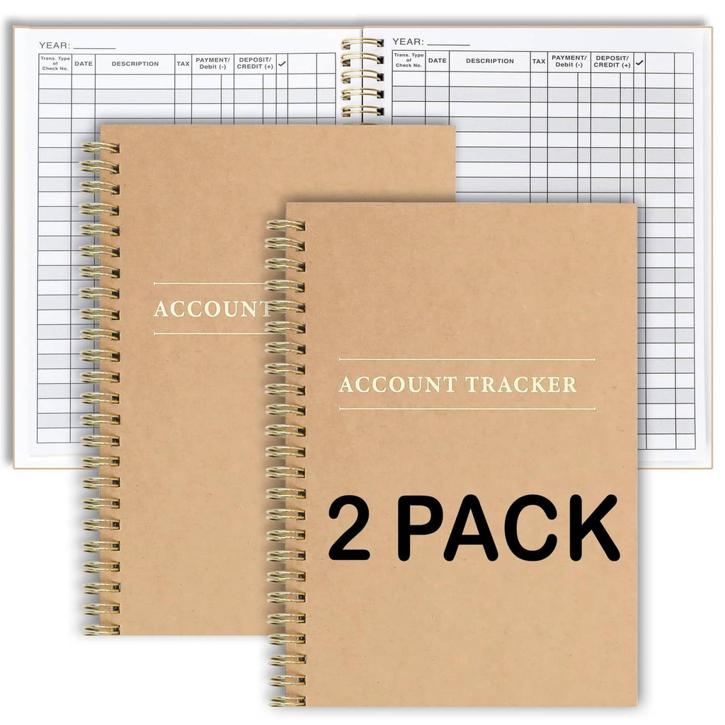 2 pack tan spiral-bound accounting ledger books with gold accents and “2 PACK” on front