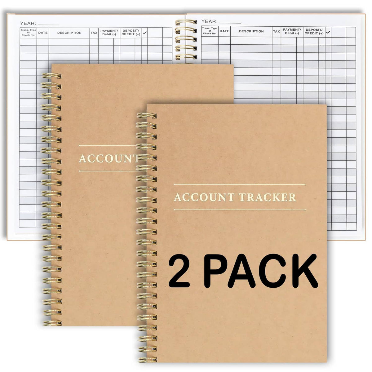 2 pack tan spiral-bound accounting ledger books with gold accents and “2 PACK” on front