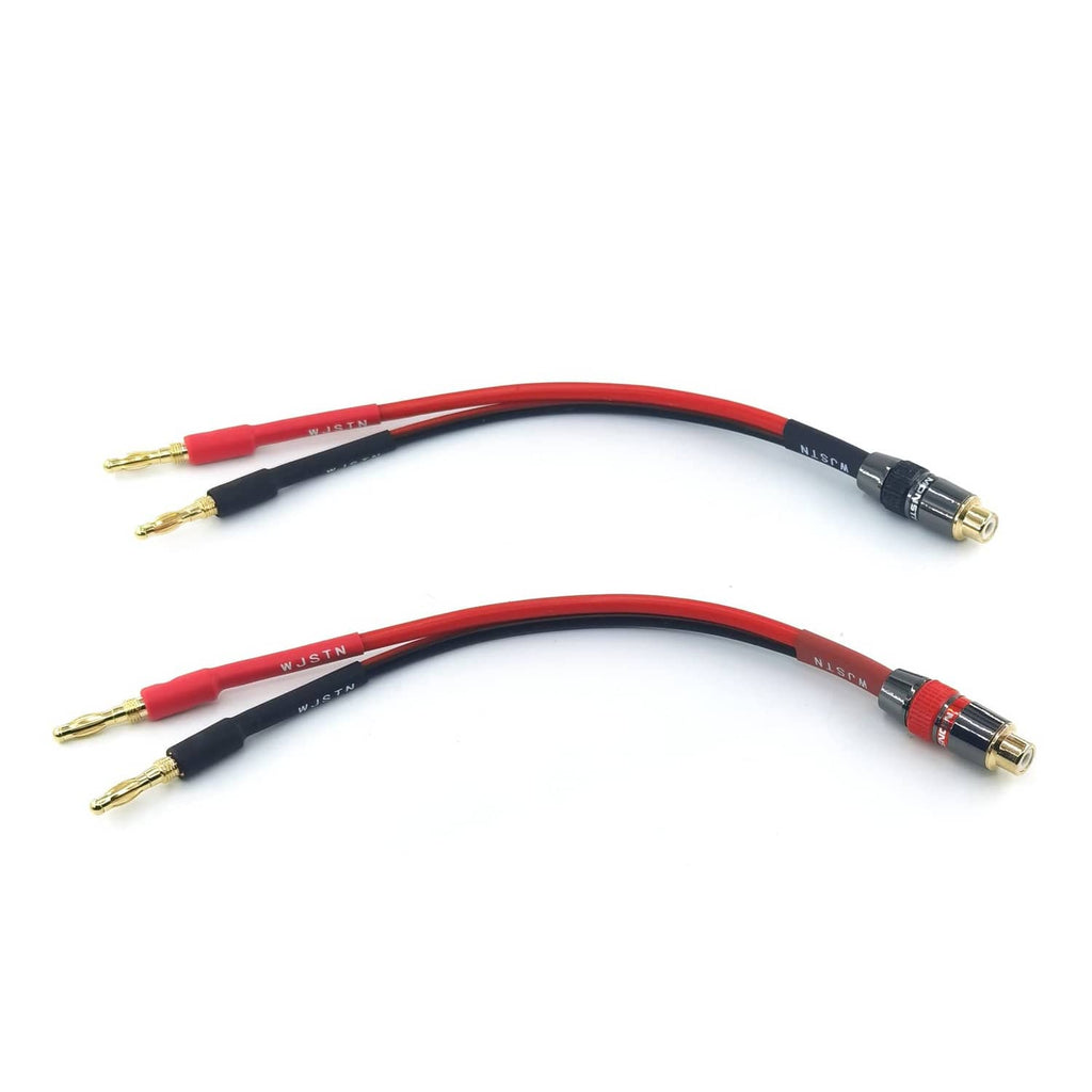 Red and black speaker adapter cable with gold banana plug ends, banana-to-banana audio