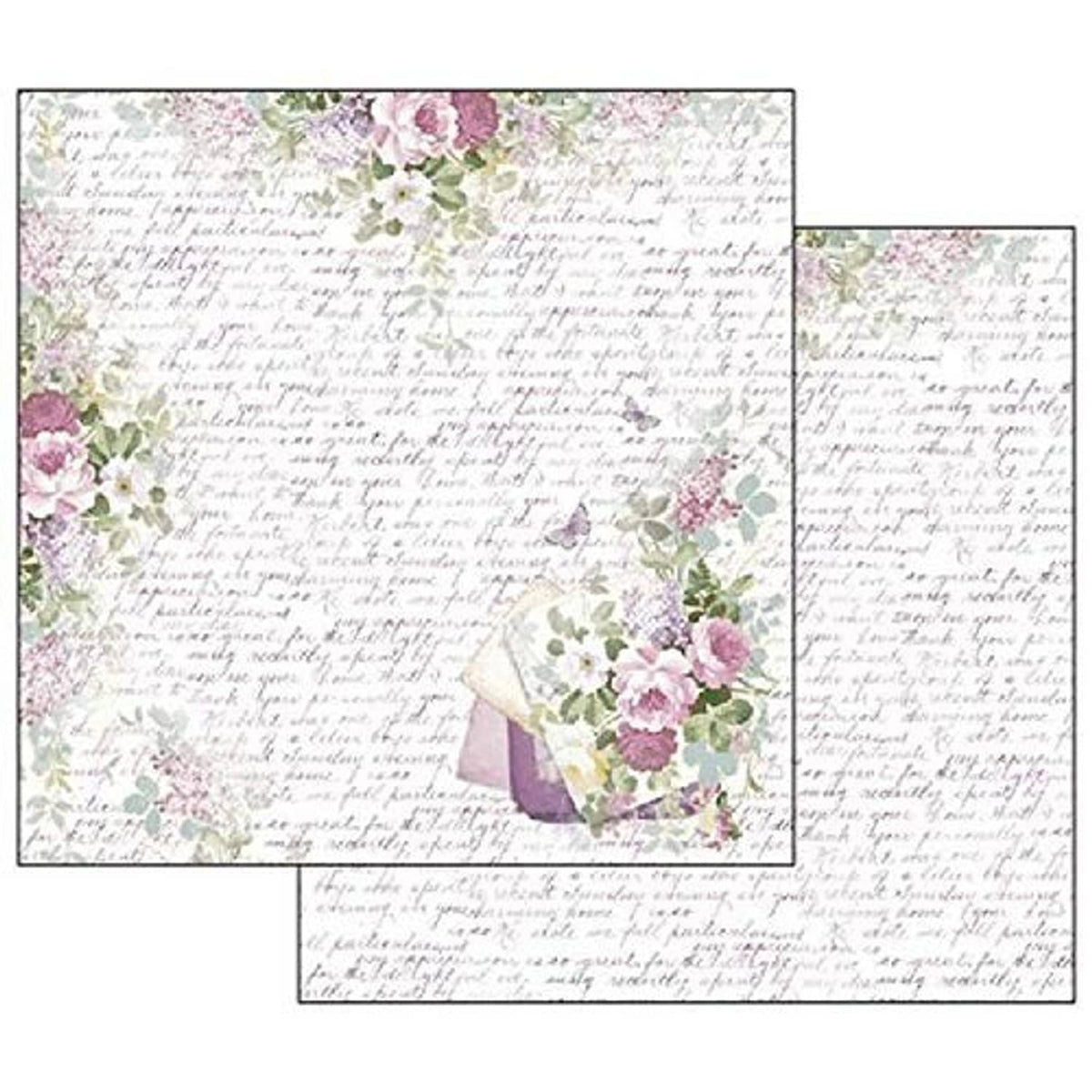 Lilac floral script scrapbook paper sheet with large bouquet cluster and handwritten text.