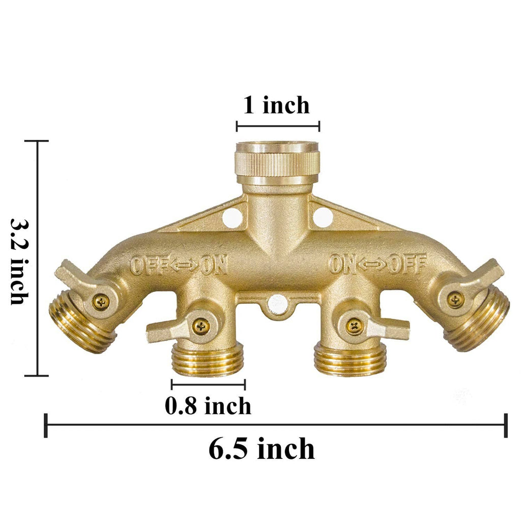 Brass 4-way hose splitter with multiple threaded ports, shown with size measurements